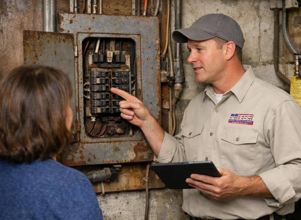 Electrician explaining aging electrical panel to homeowner
