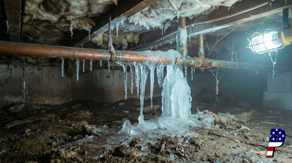A frozen pipe underneath a home's crawlspace.