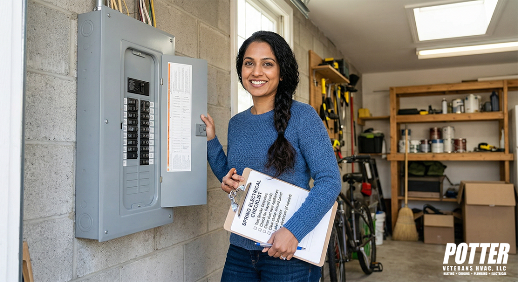 a woman standing next to her home's electrical panel. The woman is holding a checklist that reads "Spring Electrical Checklist"