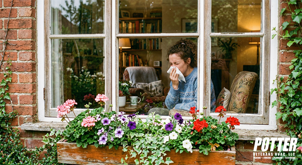 an image looking through a window from the outside to the inside of a home. There's a blooming flower planter on the outside windowsill. Through the window, you can see a woman sneezing into a tissue