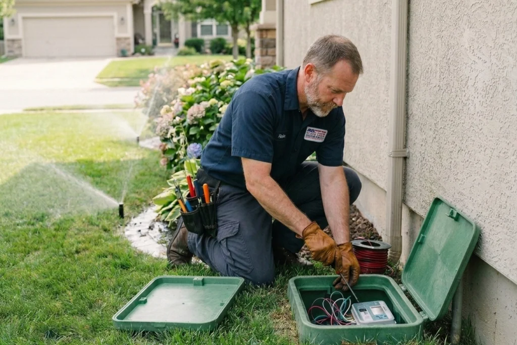 Plumber inspecting a sprinkler system