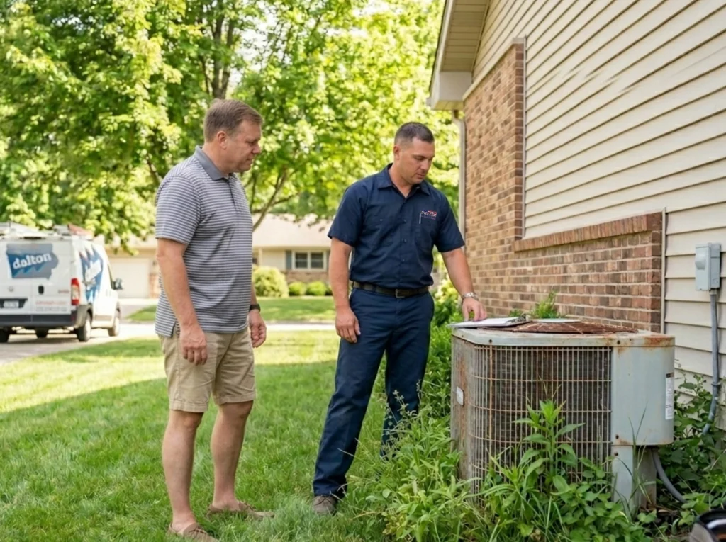 Finger Lakes homeowner discussing air conditioner repair or replacement options