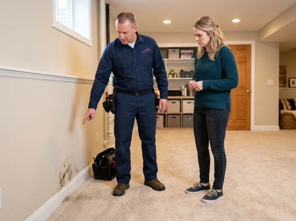 A plumber showing a homeowner the damp moldy walls indicative of a water leak.