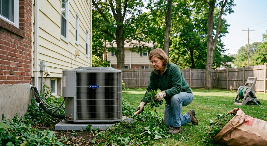 a homeowner outside their home in residential New York State clearing yard debris away from an air conditioning unit