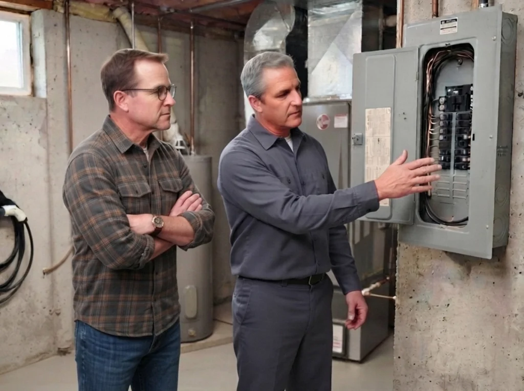 Finger Lakes homeowner reviewing an older electrical panel with an electrician