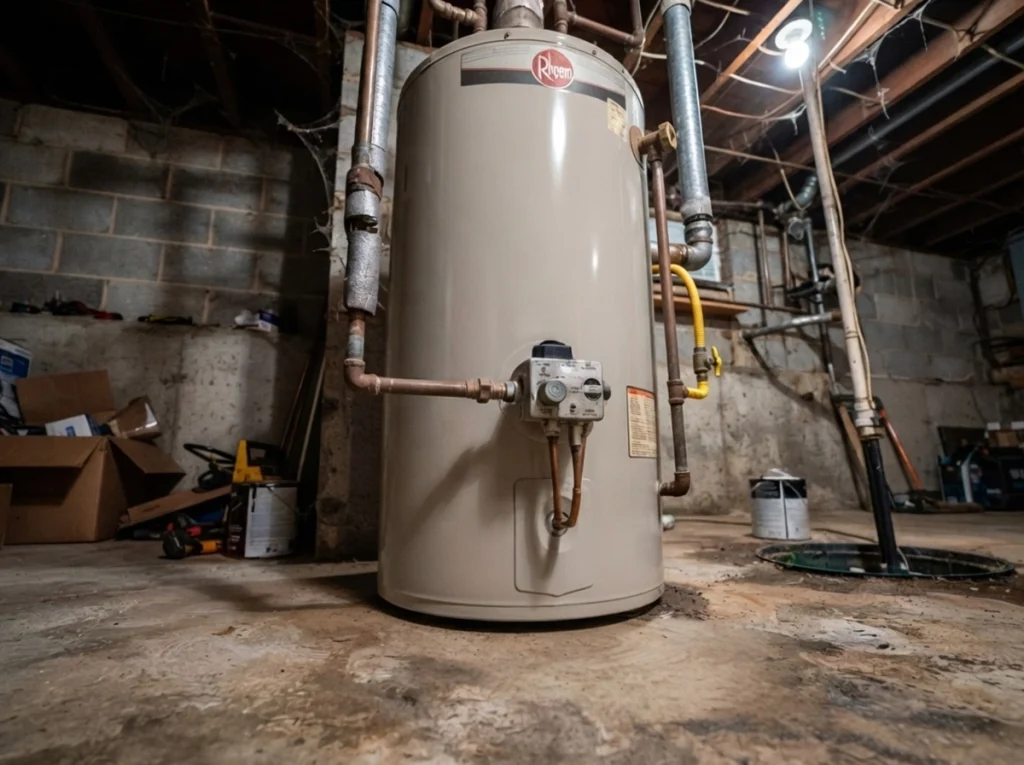 An image of an older water heater leaking water.