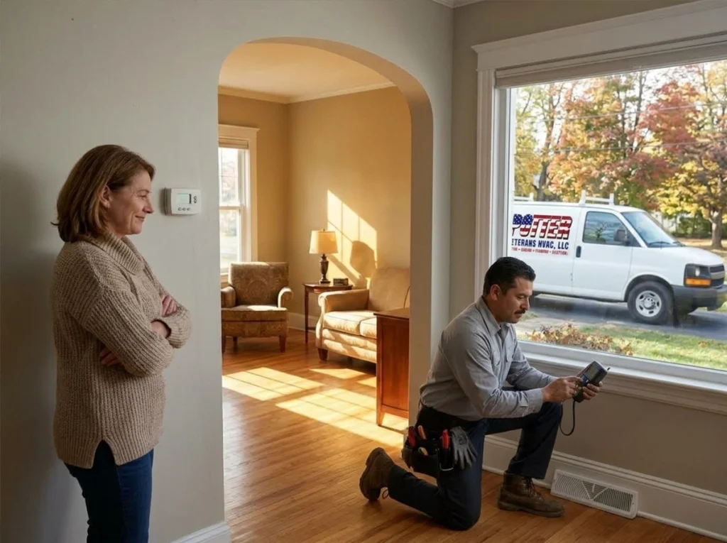 HVAC technician checking uneven heating in a Finger Lakes home