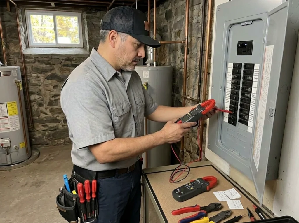 Electrician diagnosing frequent circuit breaker trips in a Finger Lakes home