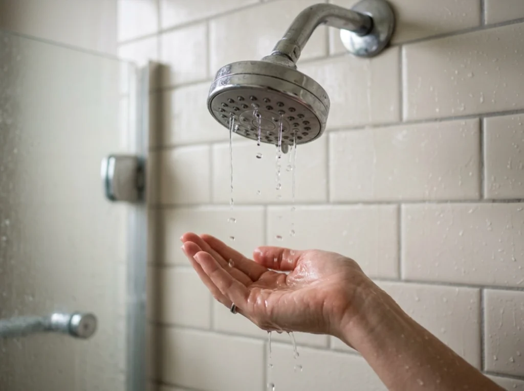 Homeowner about to take a shower feeling the low water pressure.