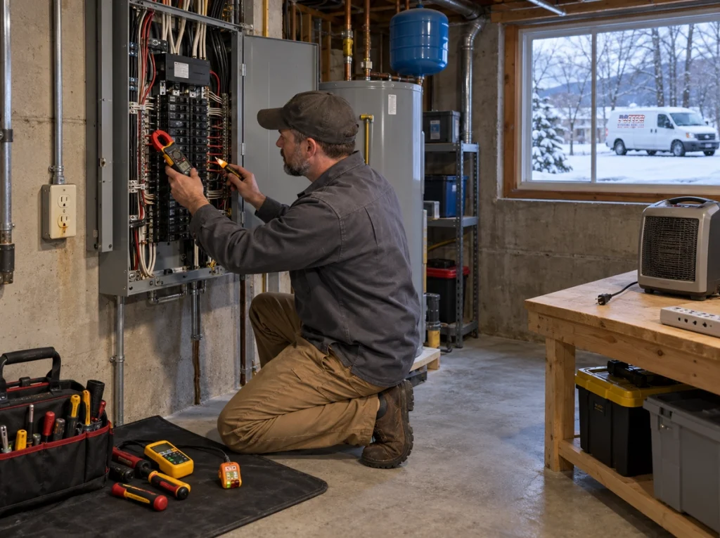 Electrician inspecting electrical panel and outlets before winter in Finger Lakes home